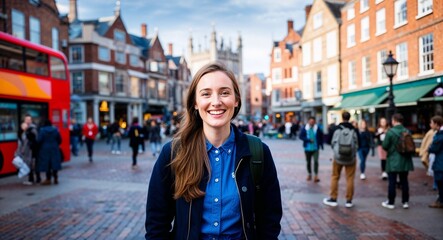 Happy British university student standing in a lively city square looking directly at the camera