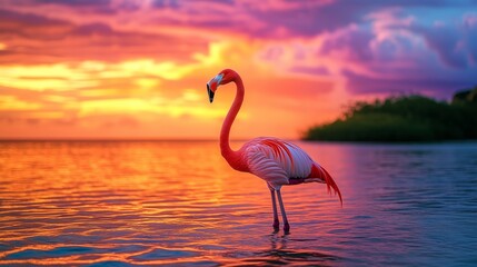Fototapeta premium Beautiful flamingo standing in the water at sunset. The bird has pink feathers and is gracefully wading through calm waters