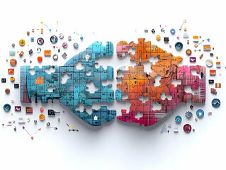 Flat Puzzle Piece on White Background with Holographic Financial Graphs & Handshake Icons - Symbolizing Problem Solving in Business