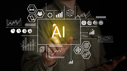 AI concept with young man touching on virtual dashboard.Automation concept.Machine learning, Big data network and innovation .New technology trends...