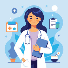 A Female Doctor Standing Confidently, Holding a Clipboard, With Medical Equipment in the Background. Doctor Vector art Illustraion 