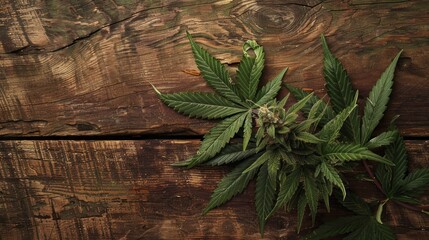 A leafy green marijuana plant is on a wooden surface