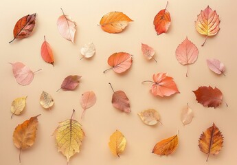 Autumn leaves on a soft beige background, showcasing various shades of warm colors like orange, yellow, and pink The composition highlights the beauty of nature s transition