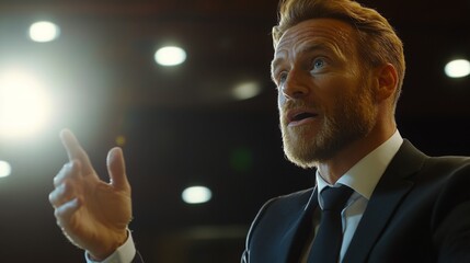 A corporate leader speaking at an annual meeting, gesturing confidently