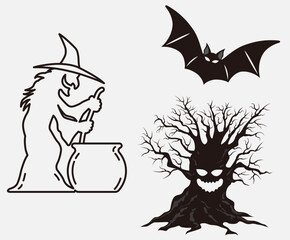 Big collection of silhouettes of Halloween. Horror set of Halloween sticker sketch set. Hand drawn doodle. Set of halloween and magic elements. Vector element