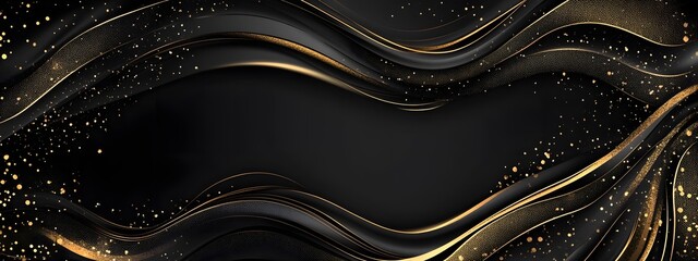 Black background with golden waves, elegant lines, vector graphics, dark tones