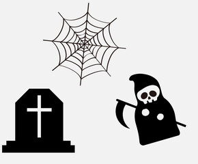 Big collection of silhouettes of Halloween. Horror set of Halloween sticker sketch set. Hand drawn doodle. Set of halloween and magic elements. Vector element