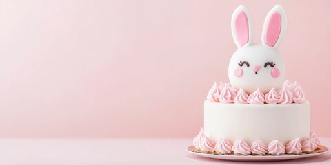 a cute white cake with bunny and pink eggs design on light pink background, celebrating easter day, 20 april, 2024
