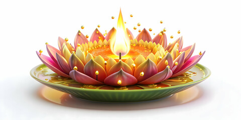 3D Loy Krathong Icon with Glowing Petals - Vibrant Festive Design Isolated on White Background for Celebration Themes