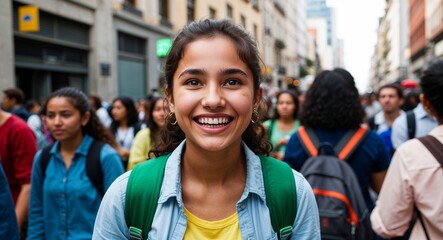 Portrait of an enthusiastic young Brazilian university girl in a crowded city street smiling at the camera