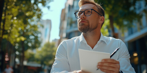 Thinking, Writing, Creating. A businessman, perhaps a professor or writer, ponders ideas while taking notes in a notebook. The image captures the creative process in action.