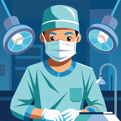 A Surgeon in Scrubs, Wearing a Mask and Gloves, Performing Surgery in a Brightly Lit Operating Room. Vector art Illustraion 