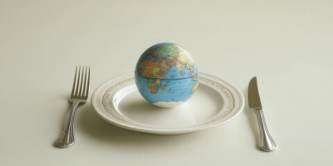 The World on a Plate. A small globe sits on a white plate, surrounded by a fork and knife. The image suggests a thought-provoking concept about the state of our planet.