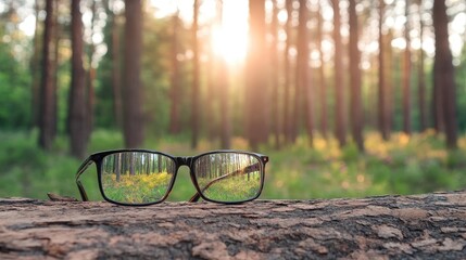 Black sunglasses showcase a serene forest reflection featuring green trees and pathways, emphasizing vision health and visual clarity in an appealing design