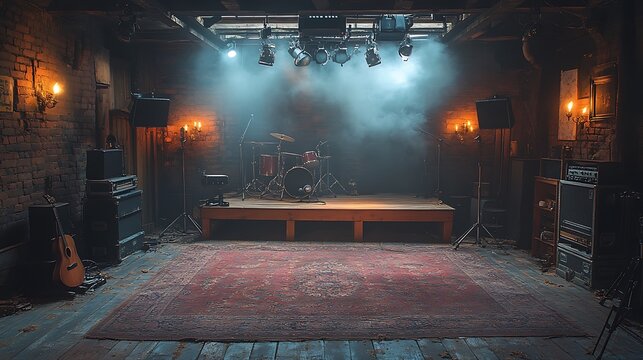 Empty Stage with Smoke and Lights Ready for a Concert Performance