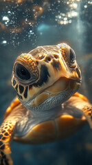 A baby turtle is swimming in the ocean