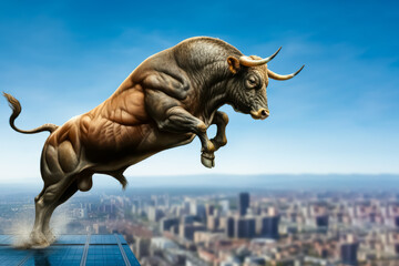 Stock market bull jumping high on building sky and money floating background. Financial security, wise investment, fierce stock market.