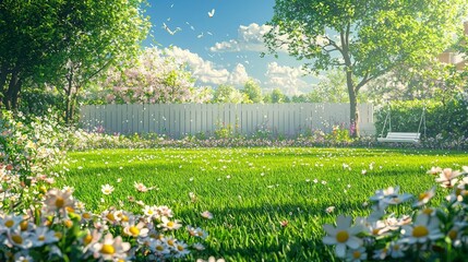 Obraz premium A park scene in the distance: a wide green lawn with a white low fence in the background, adorned and surrounded by many flowers