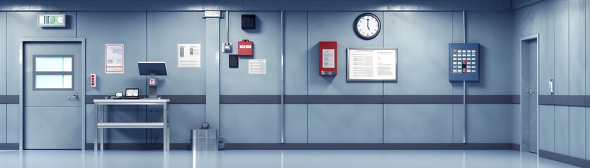 Maintenance Staff Room Wall: Covered in safety guidelines, equipment maintenance schedules, and a board with maintenance requests.