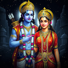 Lord ram and sita in ayodhya, Hindu god, Indian culture. Fantasy night lighting, perfect art.