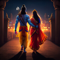 Lord ram and sita in ayodhya, Hindu god, Indian culture. Fantasy night lighting, perfect art.