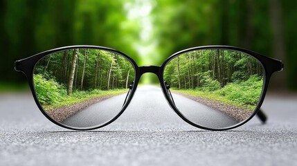 Black sunglasses showcase a serene forest reflection featuring green trees and pathways, emphasizing vision health and visual clarity in an appealing design