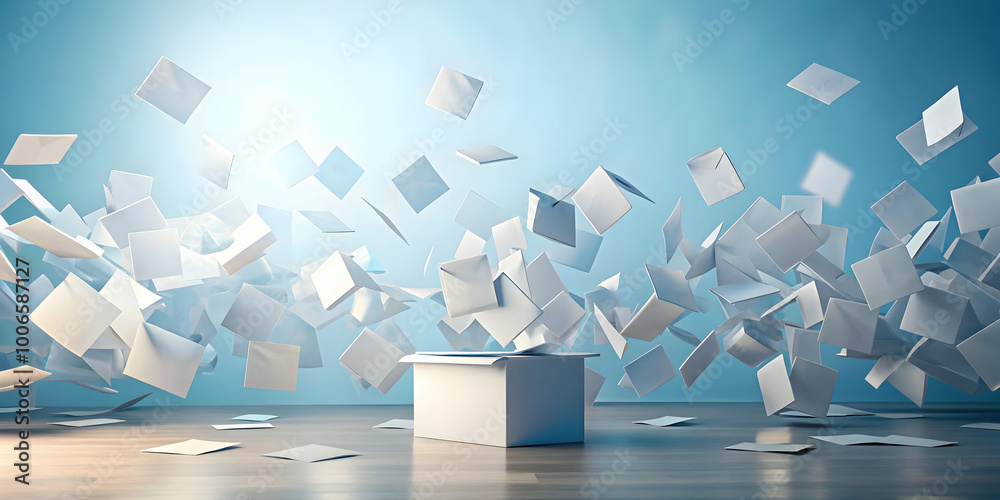 Wall mural Wide Shot of Light Blue Backdrop with Floating White Ballots in Zero Gravity - Perfect for Voter Turnout Messaging and Creative Photo Stock Concept