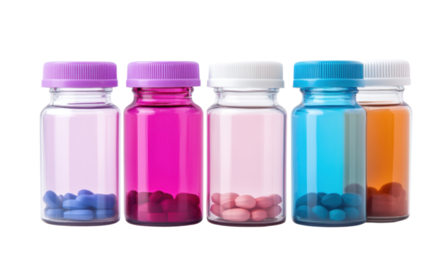 Colorful medicine bottles filled with various pills create vibrant display isolated white background, transparent background.