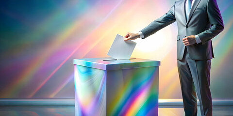 Wide Shot of Holographic Voter Casting a Vote on Plain Background � Eye-Catching Visual for Promoting Future-Focused Election Participation