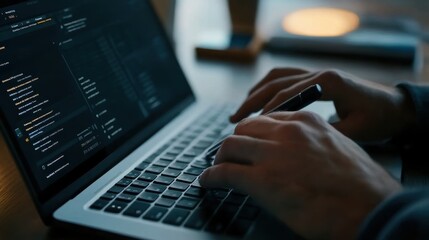 Software developer writing code on a laptop keyboard