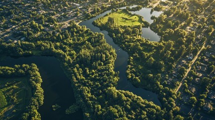 Naklejka premium Aerial View of Urban Green Spaces and Waterways