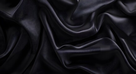 Fototapeta premium Black satin fabric, an elegant and luxurious background. Dark silk texture. Black cloth background. Black silk satin fabric with waves of soft folds