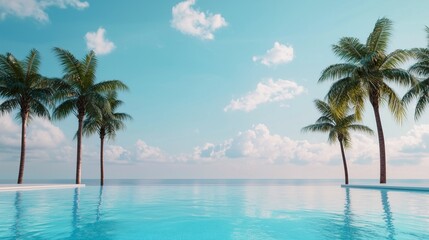 Fototapeta premium Serene poolside view with palm trees and a clear blue sky, perfect for relaxation and tropical escape.