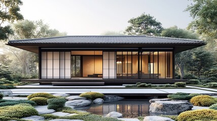 Modern architectural design featuring a serene outdoor landscape.
