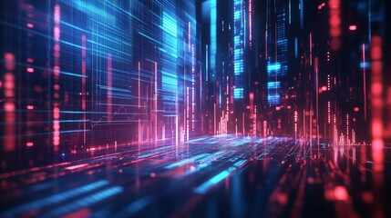 A digital abstract background with glowing code lines and futuristic technology elements, representing the fast-paced world of software development and coding for website design or app creation