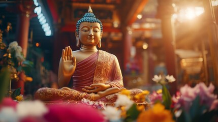 Fototapeta premium A large Buddha statue in vibrant colors, adorned with flowers and offerings, stands against a softly blurred temple backdrop, embodying serenity and spirituality