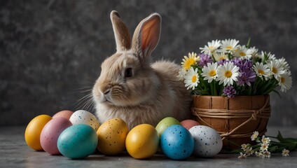 Fluffy bunny with easter eggs and flowers isolated on grey background