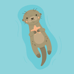 Cute otter holding starfish in paws vector illustration. Otter animal character floating on water, isolated on blue background.