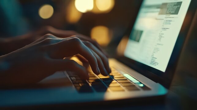 Closeup of programmer hands typing code on laptop keyboard at night