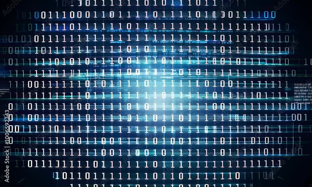 Poster a grid of binary code, with a bright light in the center, represents the flow of digital information
