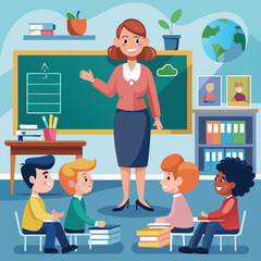 A Teacher Standing in Front of a Chalkboard, Teaching Students in a Lively Classroom Setting Vector art Illustraion 