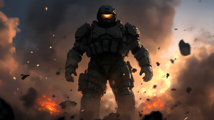 Fototapeta premium A futuristic armored exosuit soldier, standing atop a destroyed enemy mech, his visor glowing as the smoke from the battlefield rises behind him. Exosuit soldier on a battlefield.