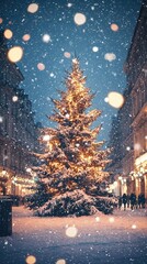 A beautifully decorated Christmas tree surrounded by falling snow and warm lights, creating a cozy winter atmosphere.