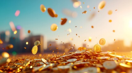 Golden bitcoins tumble from a clear blue sky, reflecting light as they fall towards a blurred city below, representing a booming digital economy and wealth possibilities
