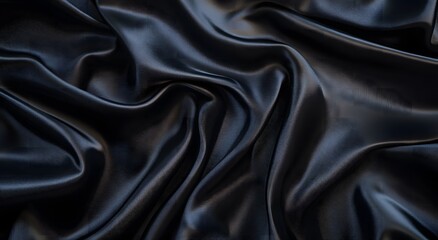 Fototapeta premium Black satin fabric, an elegant and luxurious background. Dark silk texture. Black cloth background. Black silk satin fabric with waves of soft folds