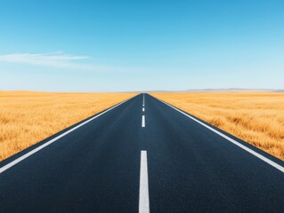Straight road stretching into the distance with clear blue sky and golden fields. Perfect for travel, journey, and adventure themes.