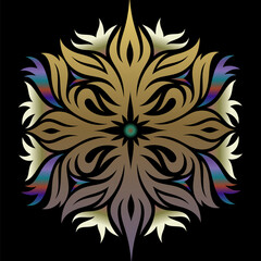 A Colorful mandala pattern featuring a symmetrical star-shaped design with a mesmerizing multicolor.  A Kaleidoscope of Colors. Multifaceted decorative Multi Color rangoli design. Black background.