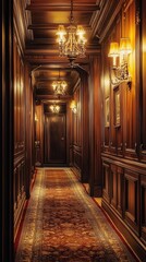 Fototapeta premium A beautifully lit hallway featuring elegant wood paneling and classic chandeliers, exuding a warm, inviting atmosphere.