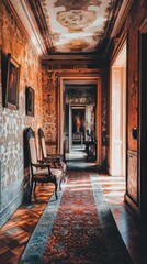 Fototapeta premium A beautifully lit hallway with vintage decor, featuring ornate walls, a rich carpet, and elegant seating.