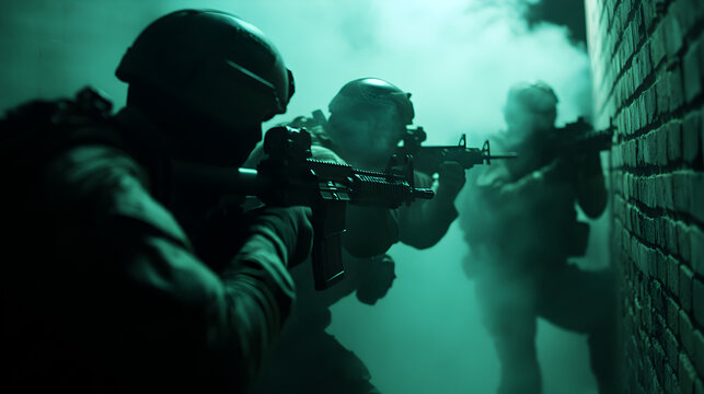 A group of elite urban warfare specialists, moving through a smoke-filled alley with their weapons raised, ready to engage enemy forces in a narrow street battle. Urban warfare specialists in a street